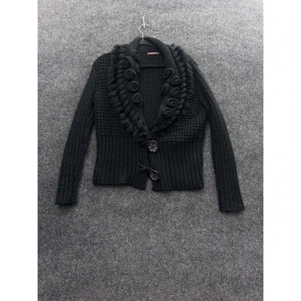 John Fashion Black Chunky Knit Cardigan Faux Fur Rosette Shawl Collar Sweater L
